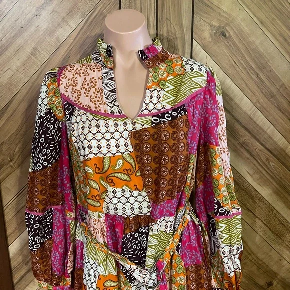 FATE Women's Medium Happy For You Patchwork Midi Dress Fuchsia Pink Boho - Picture 4 of 10